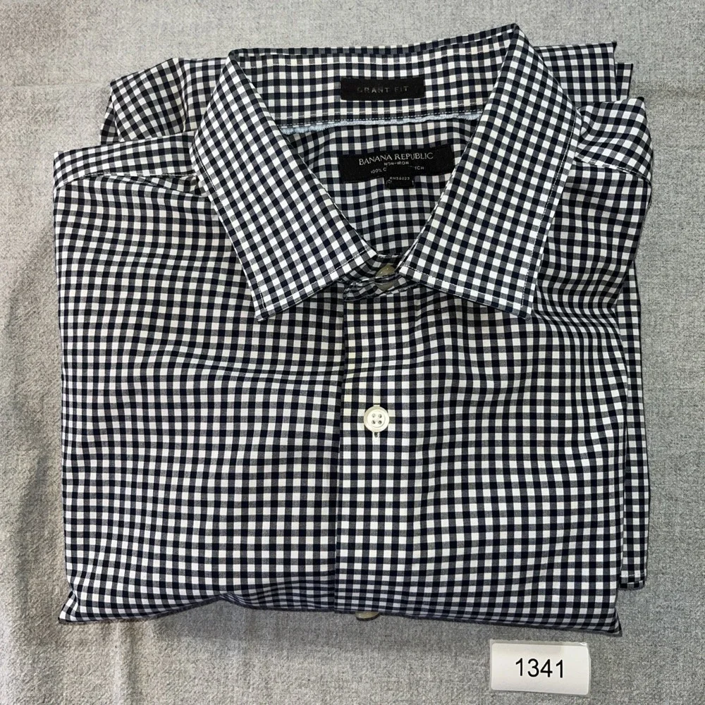 Banana Republic Shirt Men's XLT Blue Grant Fit Non Iron Check Long Sleeve
